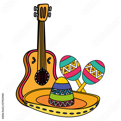 mexican hat with guitar and maracas