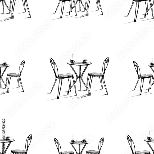 Seamless pattern of sketches of tables and chairs of outdoors caffee