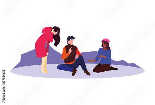 people group sitting relaxing mountain background