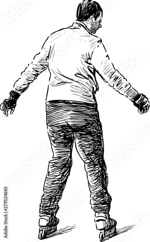 Sketch of a casual townsman skating on the rollers
