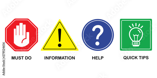 Most common colorful attention and guide signs and symbols icons set on white background