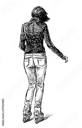 Sketch of a casual townswoman skating on the rollers