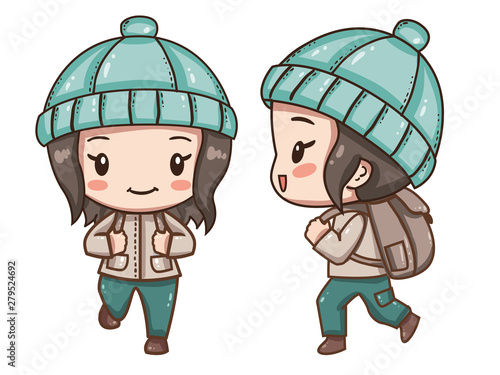 Vector illustration of cute chibi character isolated on white background.  The traveler with a backpack in clothes for hiking. Front view, side and back view. 