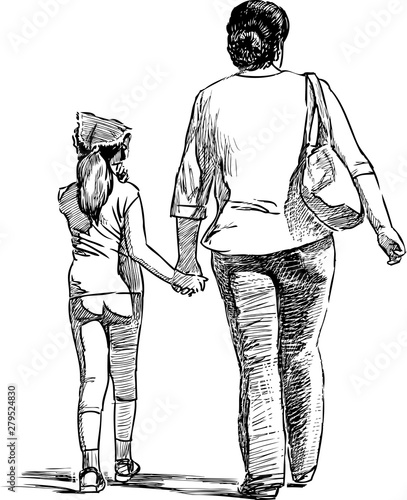 Sketch of a woman with her little daughter walking for a stroll