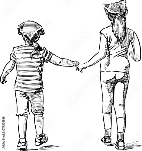 Sketch of two little girls going for a stroll