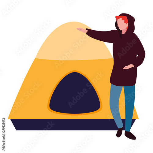 man with tent camping hiking