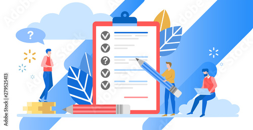 Vector illustration, little people fill out a form,  modern concept for web banners, infographics, websites, printed products