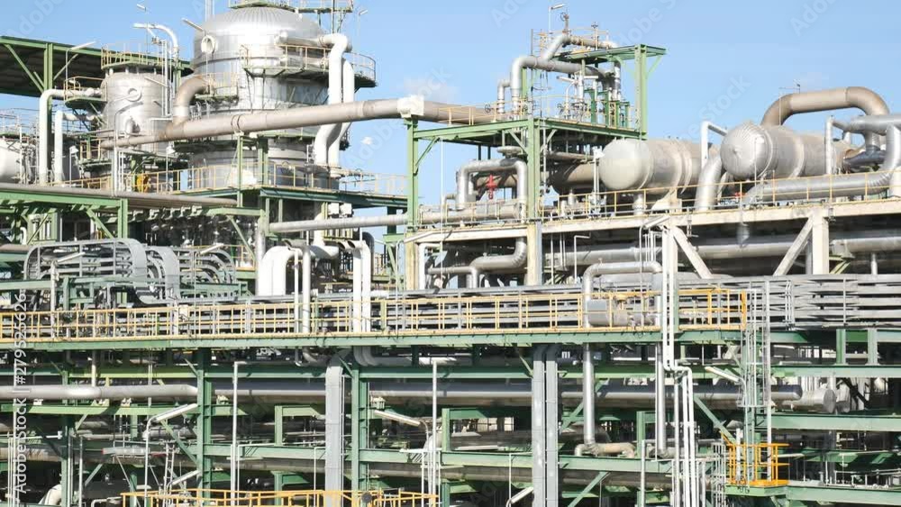 Refinery tower in oil and gas petroleum plant with blue sky , Panning video and no body scene Refinery tower in oil and gas petroleum plant with blue sky , Panning video and no body scene