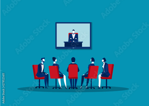 businesspeople doing video conferencing colleagues having online business meeting blue background vector illustrator
