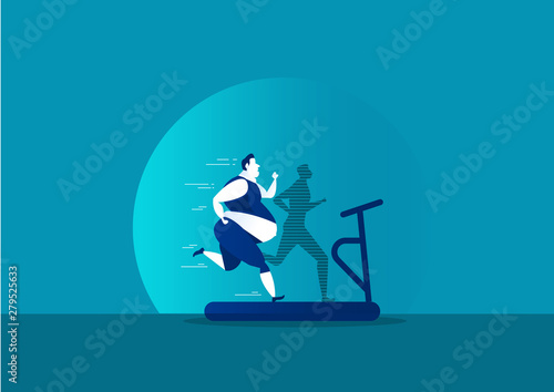 man exercise with fat turning into silhouette Thin for health on blue background