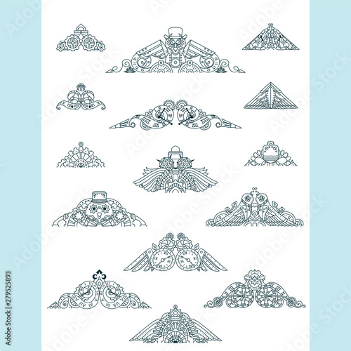 Vector calligraphic elements for design. Steampunk ornate wave elements, perfect for dividers, headers, titles. Hand drawn sketch mechanical clock, gear, birds, owls. Classic design