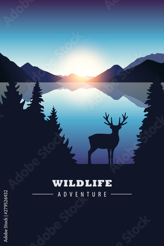 wildlife adventure elk in the wilderness by the lake at sunset vector illustration EPS10