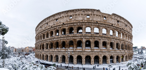 The Roman Colosseum after a winder snowfall in Rome, Italy.
