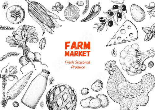 Organic food illustration. Farmers market design elements. Hand drawn sketch. Various food frame. Good food store concept.