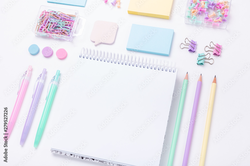 School supplies in pastel color Back to school concept Flat lay Top view School supplies in pastel color Back to school concept Flat lay Top view