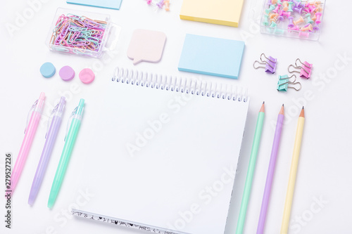 School supplies in pastel color Back to school concept Flat lay Top view