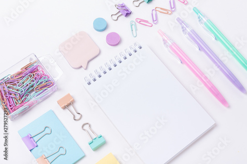 School supplies in pastel color Back to school concept Flat lay Top view