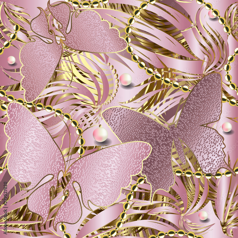 3d glittery butterflies seamless pattern. Abstract textured rose gold background. Repeat striped