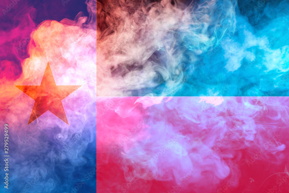 Fototapeta premium The national flag of the US state Texas in against a gray smoke on the day of independence in different colors of blue red and yellow. Political and religious disputes, customs and delivery.
