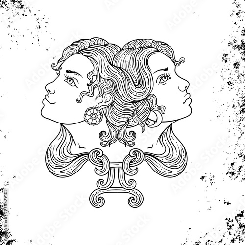 Beautiful line art filigree zodiac Black sign on vintage background.Elegant jewelry tattoo.Engraved horoscope symbol.Doodle mystic drawing with calligraphy lettering.Gemini