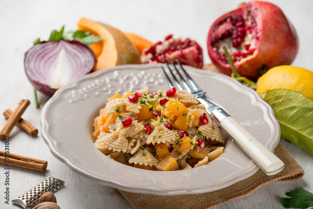 butterfly pasta with pumpkin pomegranate and spices