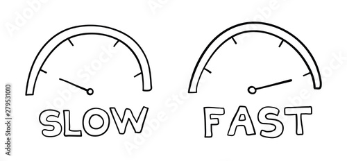 Vector hand-drawn illustration of speedometers. Slow and fast.
