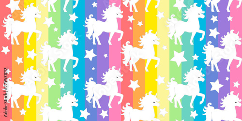 Cute white unicorns silhouette on rainbow colorful stripes seamless vector pattern background illustration