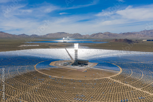 Aerial view of the solar tower of the Ivanpah Solar Electric Generating System photo