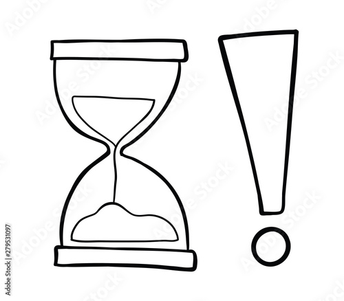 Vector hand-drawn illustration of sand watch with exclamation mark.