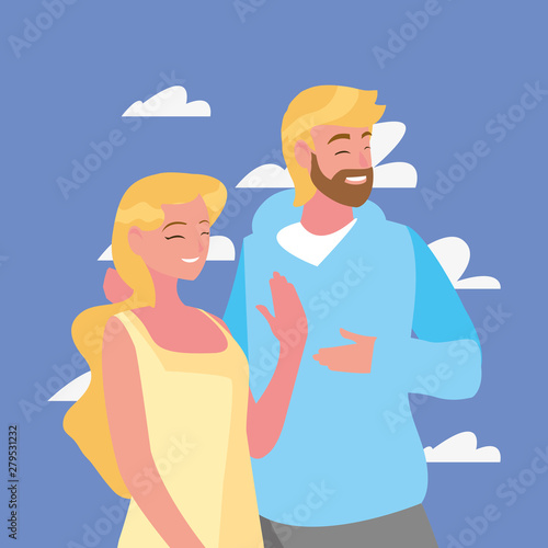 couple together characters outdoors background