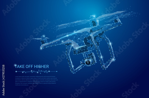 Abstract line and point drone. Drone flying with action video camera on dark blue. Polygonal low poly background with connecting dots and lines. Vector illustration connection structure.