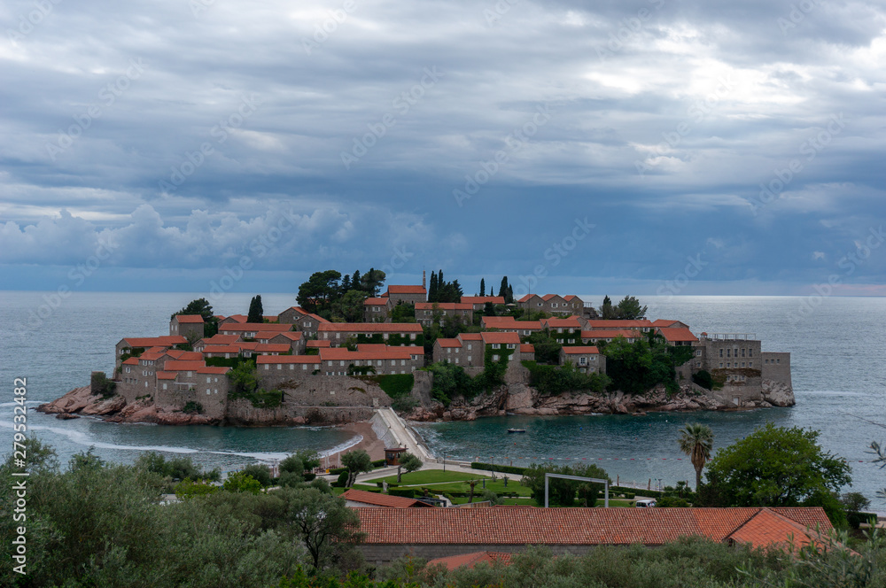 Beautiful view of the island-resort of Sveti Stefan, Budva, Montenegro.