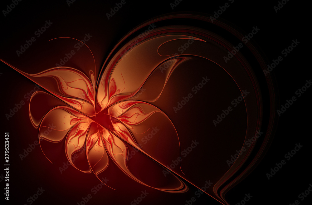 Golden glowing flower on a black background. Fractal art. Golden glowing flower on a black background. Fractal art.