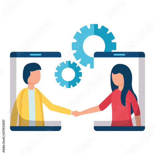 young business couple team with smartphones