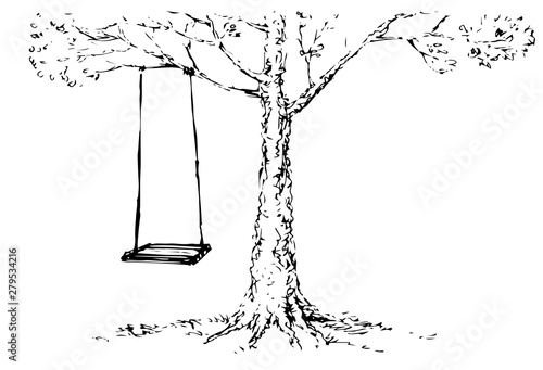Vector Sketch. Swing on old oak tree