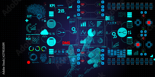 Business data analytics process management with businessman hand touching connected gear cogs with KPI financial charts and graph and automated marketing dashboard.