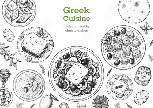 Greek cuisine top view frame. Set of greek dishes with greek salad, pastitsio, taramosalata, keftedes, gemista. Food menu design template. Vintage hand drawn sketch vector illustration. Engraved image