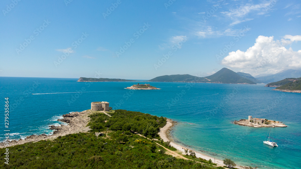 Fort Arza and Island Otocic Gospa, near the island of Mamula in the Adriatic Sea. Montenegro