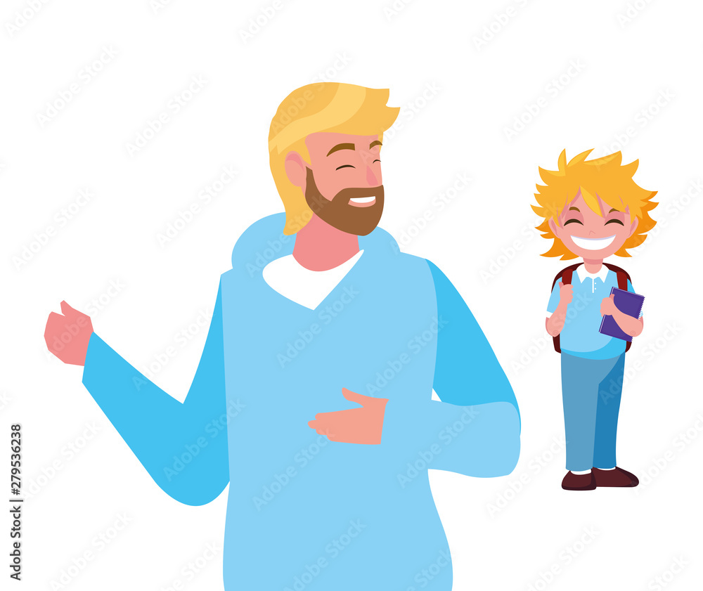 man with student boy back to school