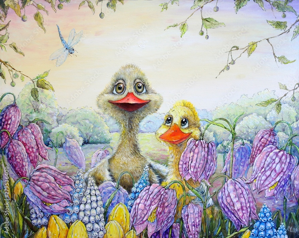 Oil paintings landscape, fine art, handmade art, goose and duckling, flowers, meadow
