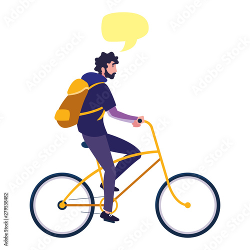 young man riding bike talk bubble
