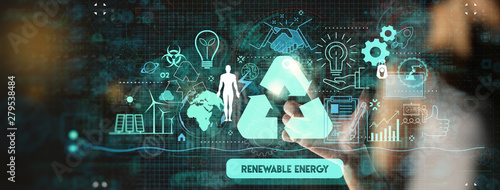 фотографія Hand touching Sustainable development FUI with icons of renewable energy and natural resources preservation
