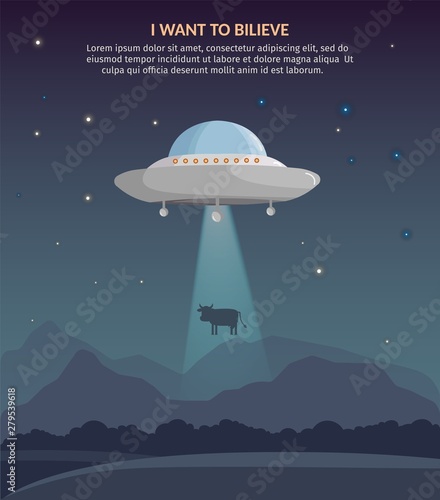 Vector UFO abducts cow illustration night sky