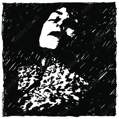 Beautiful woman with closed eyes in darkness. Hand drawn portrait. Sleeping or dead beauty. photo