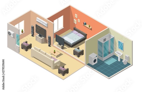 Isometric interior apartment vector illustration modern set of bathroom, kitchen, living room, bedroom.