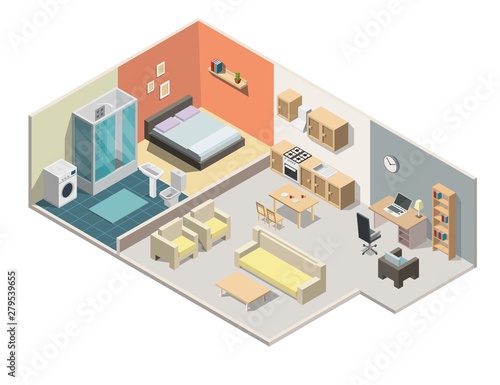 Isometric interior apartment vector illustration modern set of bathroom, kitchen, living room, bedroom.