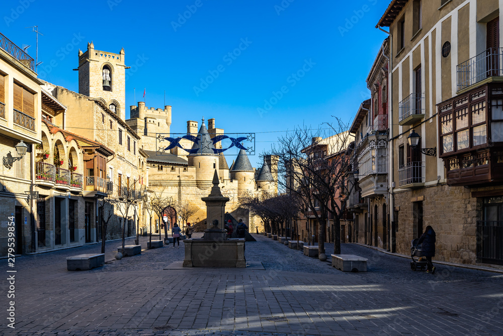 View of Olite, a small town in Navarre region, famous for its castle the Palacio Real de Olite, Spain