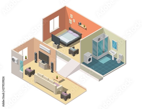 Isometric interior apartment vector illustration modern set of bathroom, kitchen, living room, bedroom.