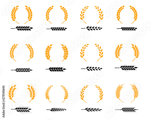 Set of silhouette circular laurel foliate and oak wreaths depicting an award, achievement, heraldry, nobility. Agricultural symbols isolated on white background.