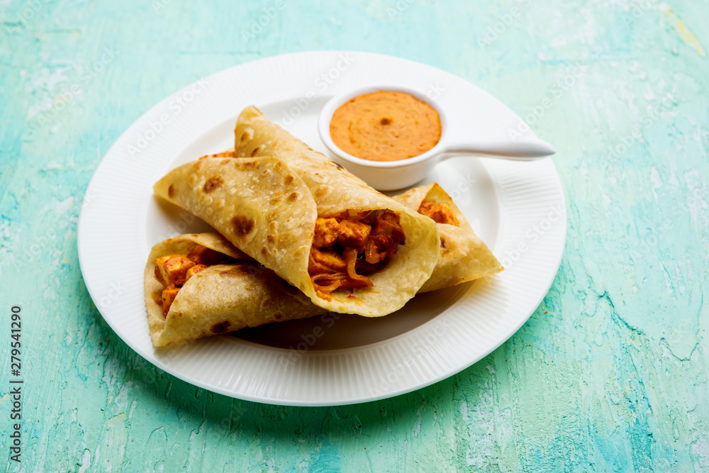 Peri peri paneer chapati frankie/wrap/roll, selective focus Peri peri paneer chapati frankie/wrap/roll, selective focus